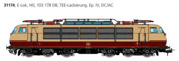 Esu 31174 - E-Lok, H0, BR 103, 103 178 DB, TEE, Ep IV, Vorbildzustand um 1984, LokSound, Pantograph, DC/AC