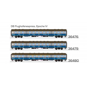 Esu 36480 - n-Wagen, H0, ABnrzb 704, 80 31 - 34 359-5, 1./2. Kl, DB Ep. IV, silber, Pfauenauge, blaue Streifen Flughafen-Express, DC